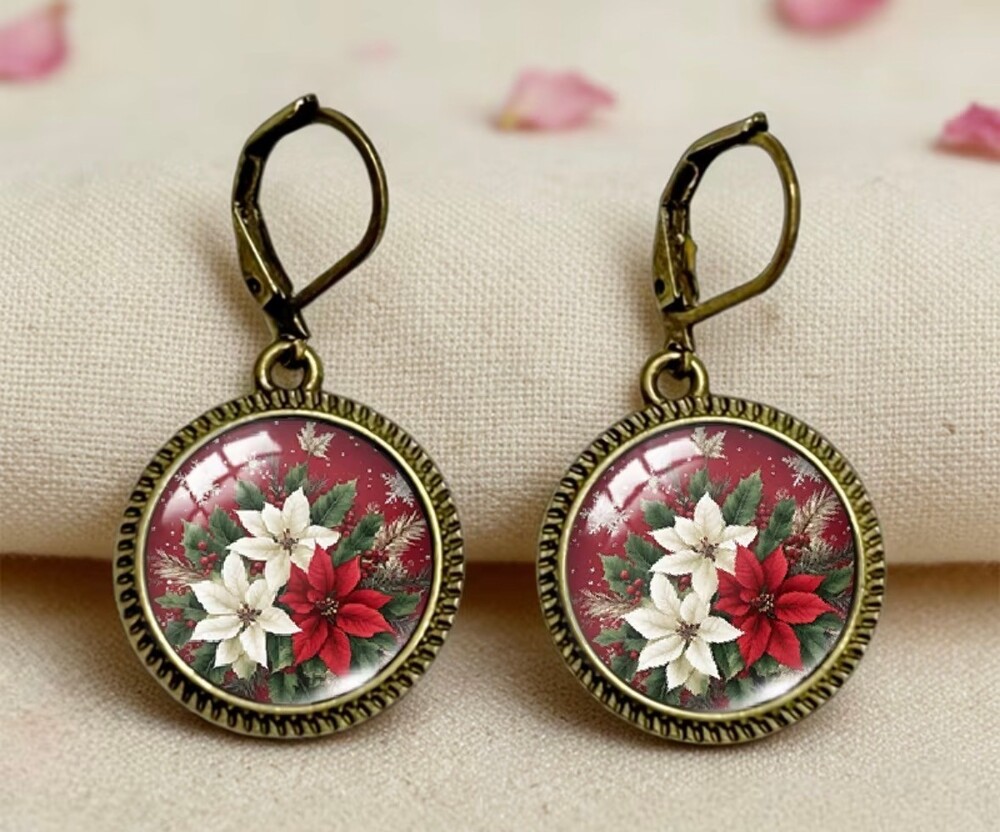 Poinsettia Earrings Red White Floral Antique Bronze Dangle Earrings